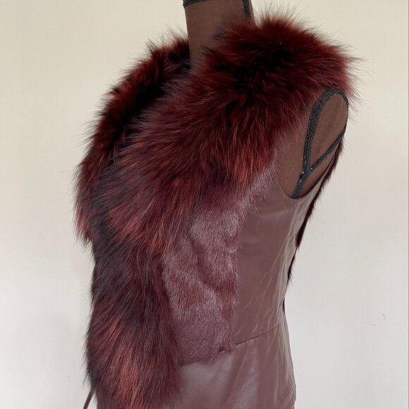 NWOT Burgundy Leather Vest Real Fox Fur XS size - Picture 4 of 16